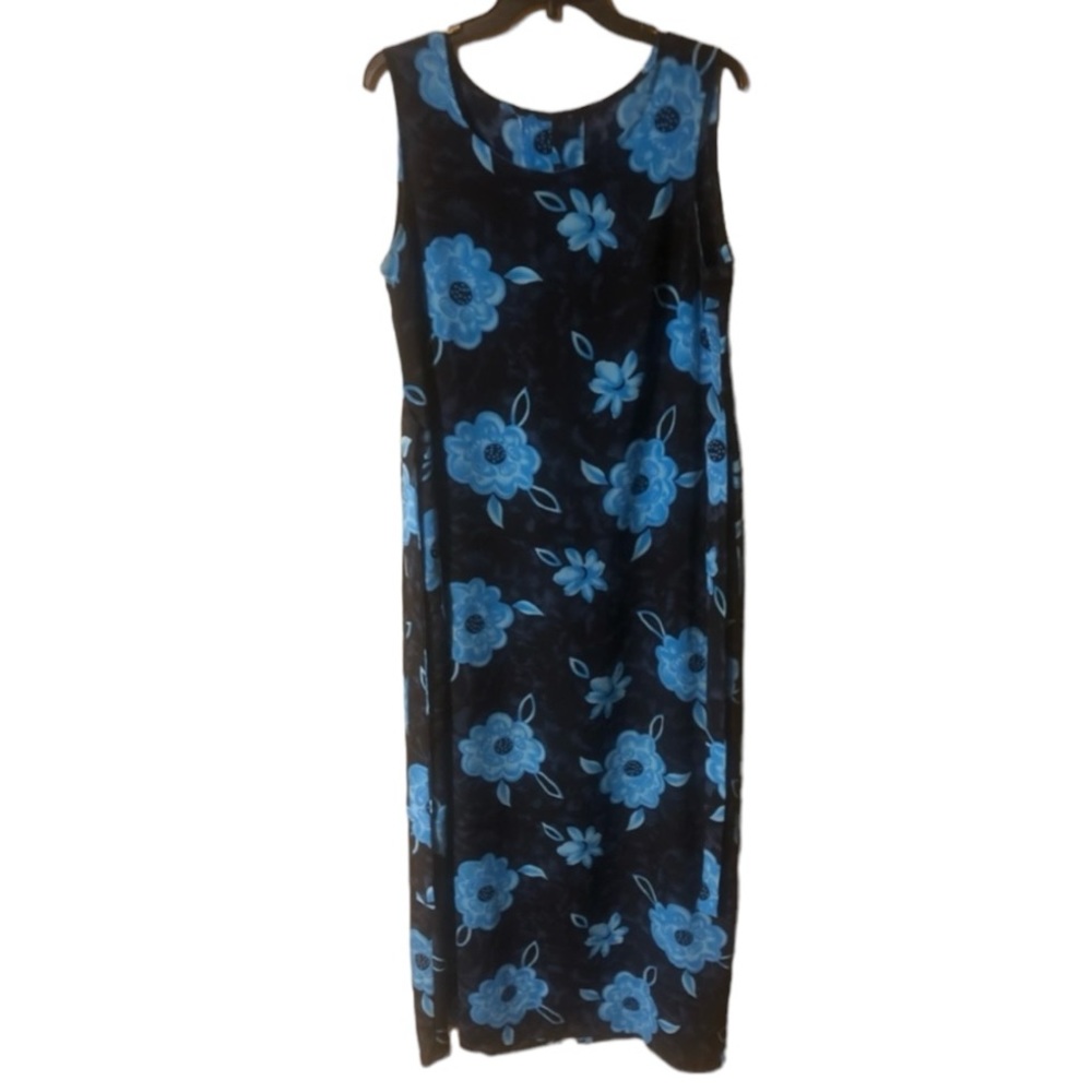 Vintage Dark Blue Floral Light Blue Big Flowers Sleeveless Maxi Dress Vtg